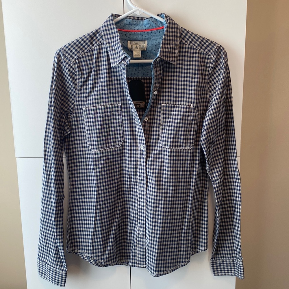Women’s Converse Button down Size Medium Navy blue checkered shirt